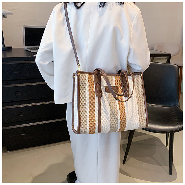 Nowa torba z grubej bawełny o dużej pojemności płócienna torba damska transgraniczny handel zagraniczny kontrastowy kolorowy pasek torba na ramię trend w modzie torba listonoszka_voghion.com