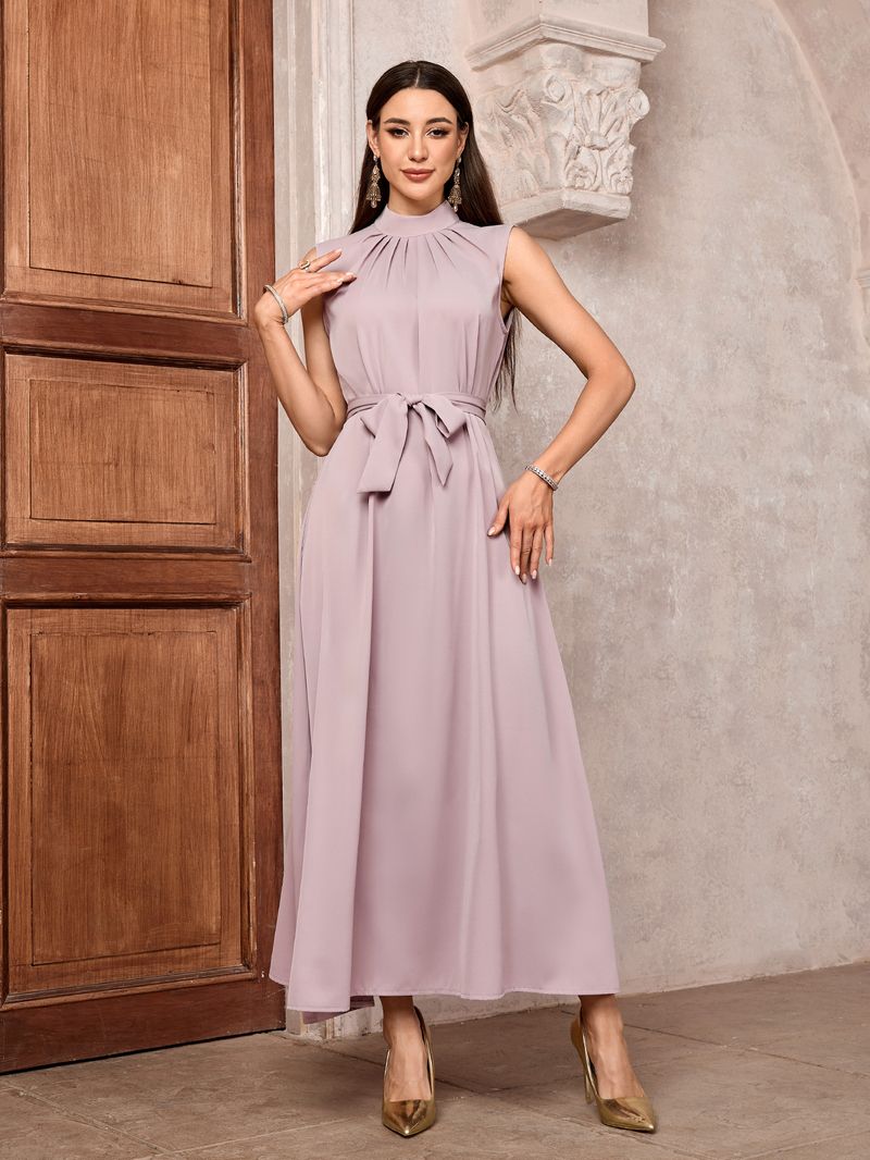 Abito da donna musulmano casual senza maniche con cintura e collo alto, tinta unita_voghion.com