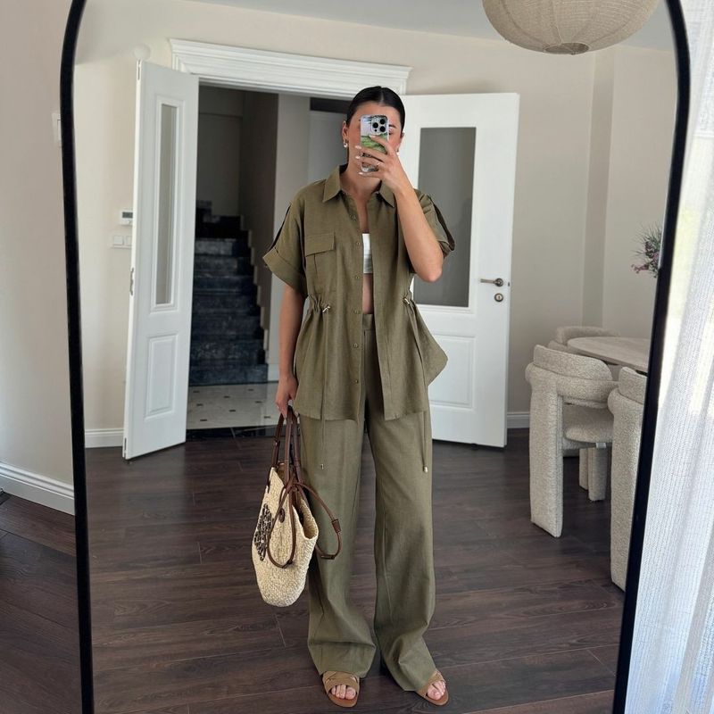 Women's Clothing Casual Workwear Pocket Drawstring Short Sleeved Shirt Trousers Summer Two Piece Suit_voghion.com