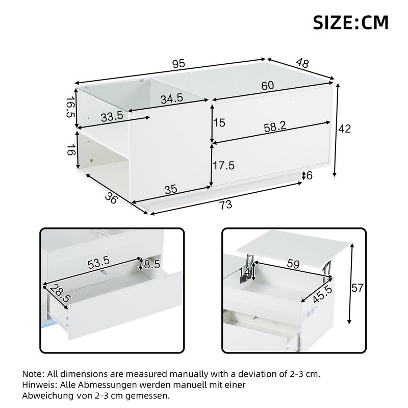 Table basse réglable en hauteur 95 x 48 x 42 cm avec rangement dissimulé, éclairage LED, tiroir et prise – Table d'appoint de salon blanche_voghion.com