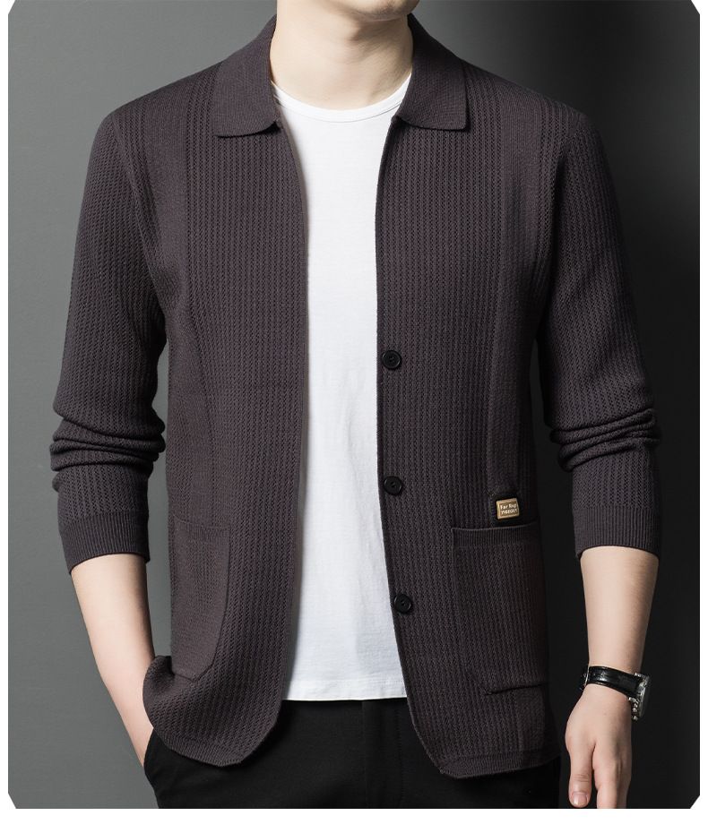 Chaqueta de punto tipo cárdigan juvenil para hombre, informal, de color sólido, primavera y otoño de 2025_voghion.com