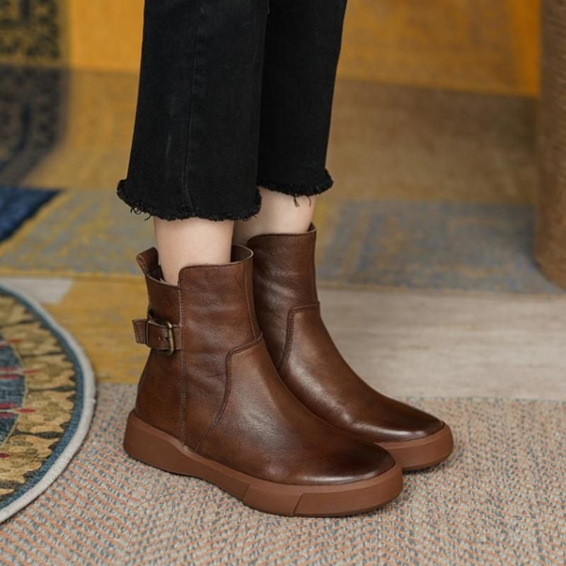 Retro Boots For Women Autumn Winter Women's Shoes Leather Casual Flat Ankle Boots Female Platform Short Boots_voghion.com