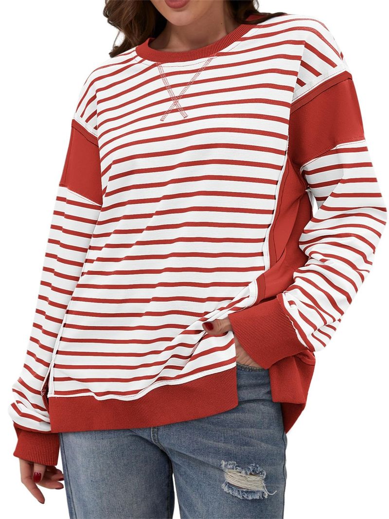 T-shirt a maniche lunghe da donna con righe a contrasto di colore - Felpa girocollo con motivo stampato_voghion.com
