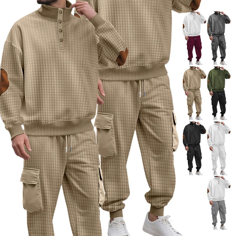Conjunto de sudadera con capucha y joggers de punto a cuadros para hombre: 2 piezas, estilo informal de negocios, 100 % poliéster, resistente a las arrugas y transpirable._voghion.com