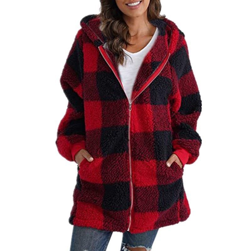 Manteau en peluche européen et américain pour femmes 2024 Nouveau manteau ample à manches longues à capuche avec fermeture éclair et poche_voghion.com