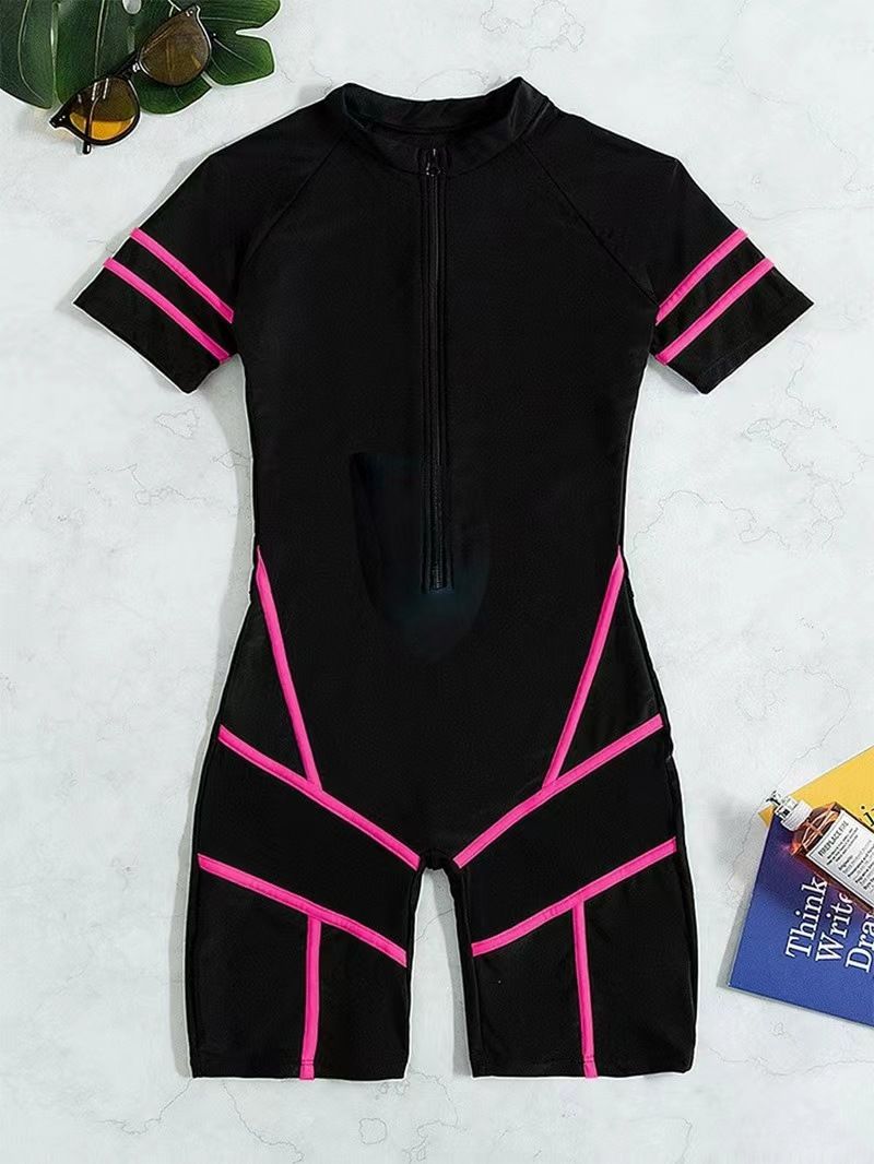 Women's Clothing Mesh Stitching Contrast Color Tight Hip Lifting One Piece Long Sleeved Diving Suit Surfing Suit Sports Bikini_voghion.com