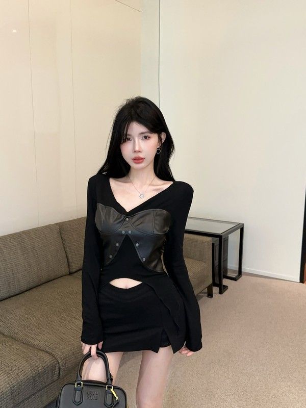 Herbst Neue Dopamin Hot Girl Nischendesign PU-Leder Patchwork Langarm Top Stil Persönlichkeit Shirt Für Frauen_voghion.com