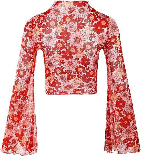 Top corto da donna con maniche a campana in rete floreale, colletto arricciato e orlo a lattuga_voghion.com