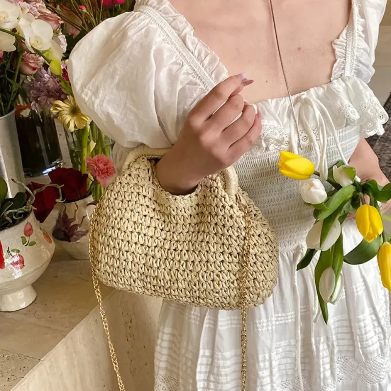 Borsa a tracolla retrò intrecciata per donna 2025 in paglia, con catena, borsa a tracolla, da donna, per le vacanze, la spiaggia, ecologica_voghion.com