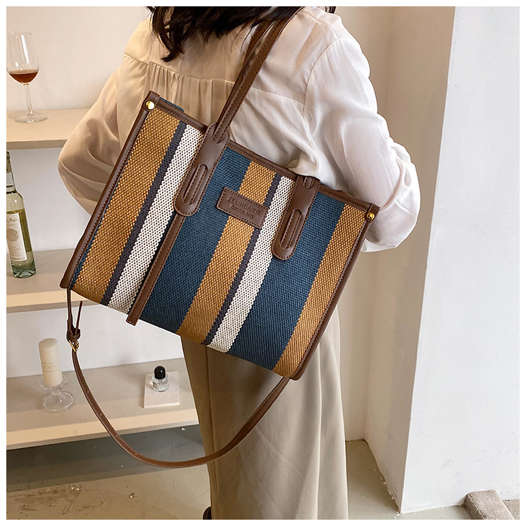 Nowa torba z grubej bawełny o dużej pojemności płócienna torba damska transgraniczny handel zagraniczny kontrastowy kolorowy pasek torba na ramię trend w modzie torba listonoszka_voghion.com