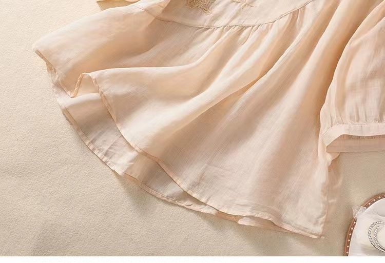Maglietta da donna in cotone e lino, tinta unita, con ricami vintage, girocollo, ampia e piccola_voghion.com