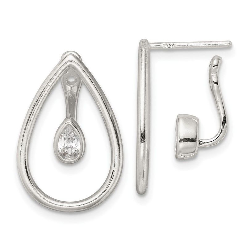 Sterling Silver Polished Teardrop W/Drop And Dangle CZ Threader Post Earrin_voghion.com