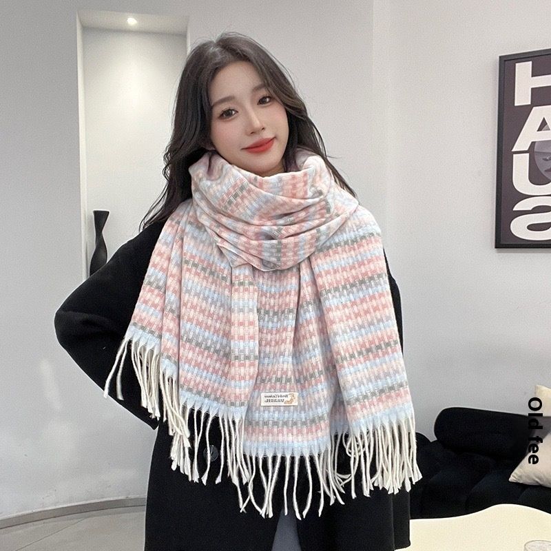 Cute autumn winter knitted yarn tassel Korean plaid scarf versatile atmosphere, thick shawl for warmth and luxury_voghion.com