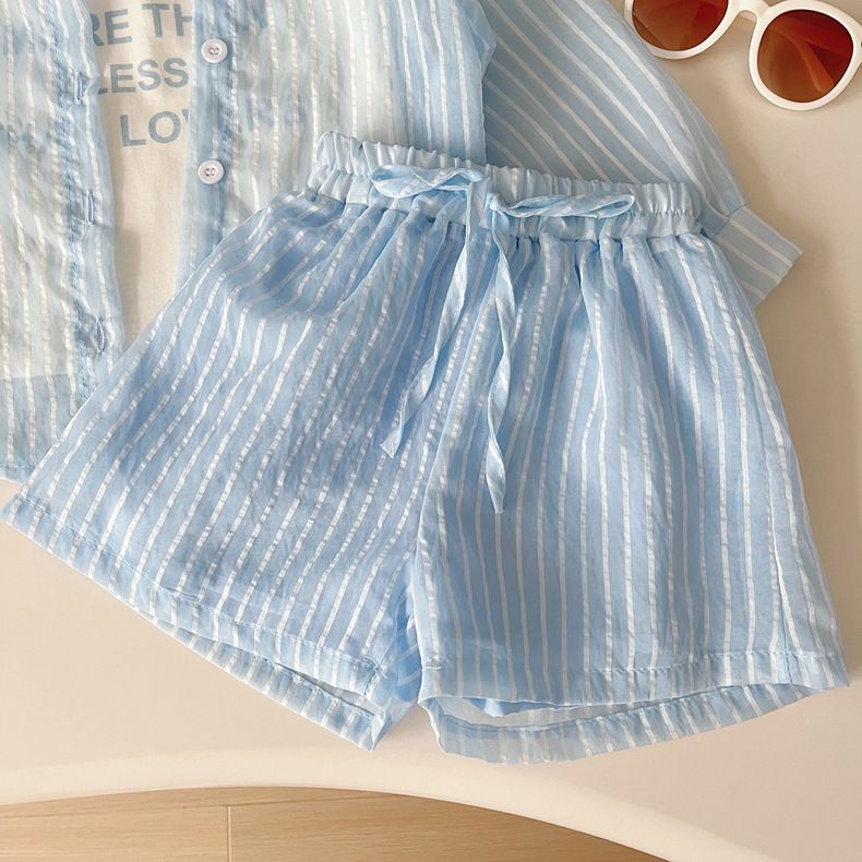 Abbigliamento per bambini, completo estivo da bambina, stile nuovo, alla moda, a righe verticali, a maniche lunghe, con protezione solare, pantaloncini, completo da tre pezzi_voghion.com