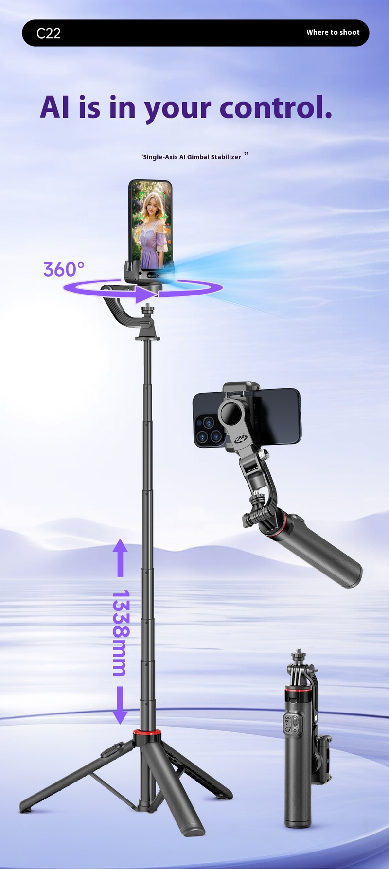 New Follow-up Anti-shake Gimbal Mobile Phone Selfie Stick, Fully Automatic Photo Artifact, Bluetooth Connection, Anti-shake Retractable_voghion.com