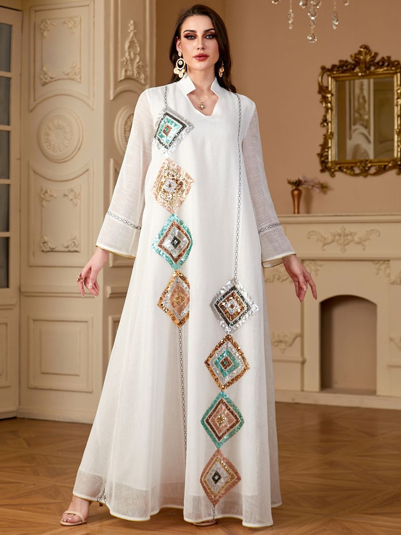 Women's Clothing Muslim Middle East Sleeved Abaya Sequined Long Skirt Saudi Arabia Dubai Dress_voghion.com