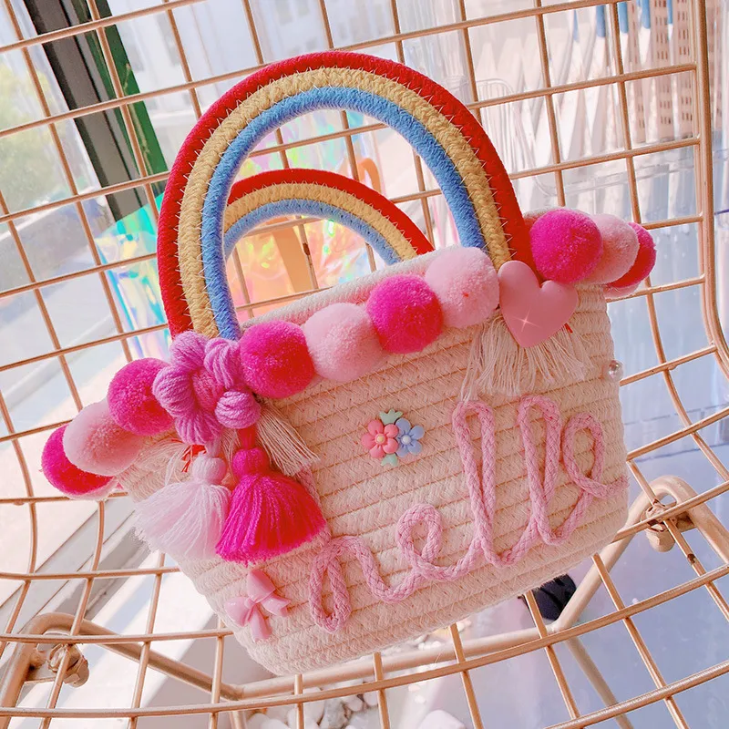 Backpacks Korean Style Colorful Lace Beach Bag For Children Tulip Vanilla Hat Bucket Summer Weave Handbag Kids Bags_voghion.com
