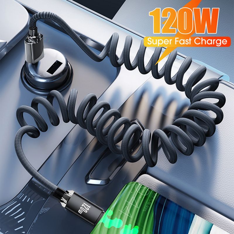 120W To Tipe C Fast Charge Spring Cable Telescopic Charging Car Phone Charger Data Cord For IPhone Samsung Mi USB Cables_voghion.com