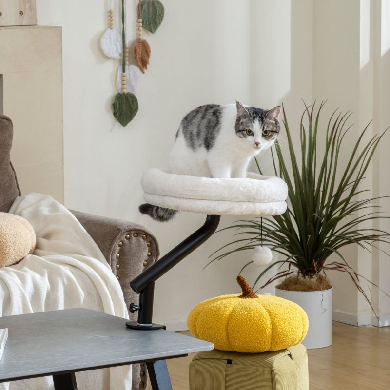 Schreibtisch-Katzenbett Mit 360°-Drehung und Verstellbarer Höhe, Für Katzen Bis 6 Kg, Cremeweiß_voghion.com