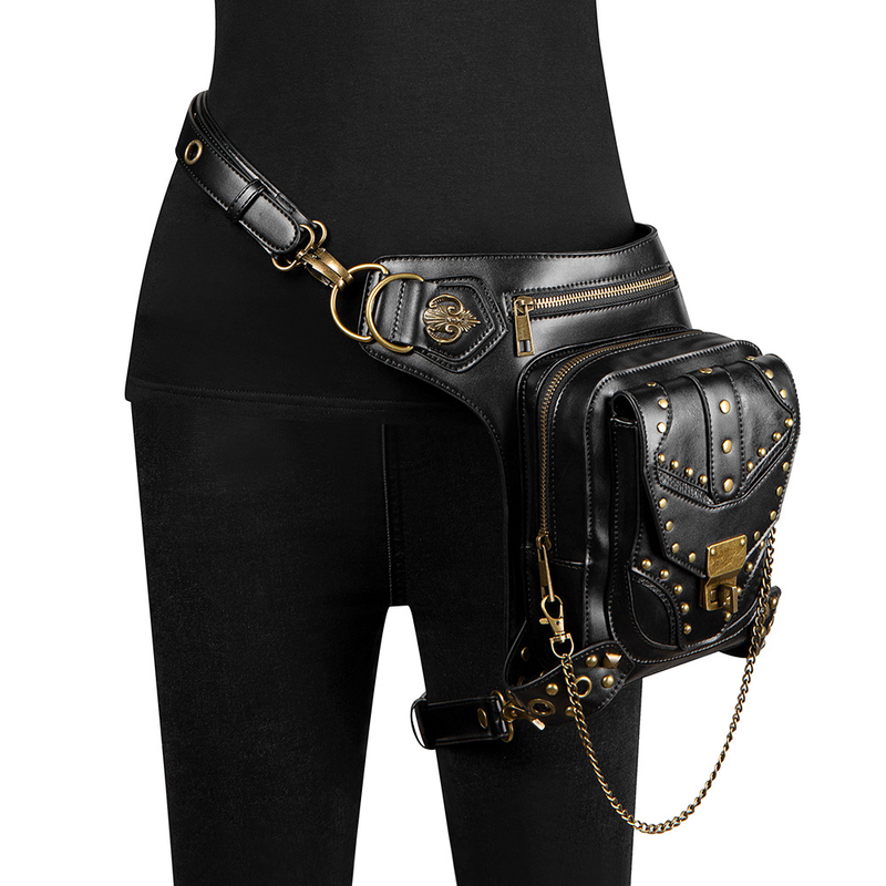 Female steampunk retro rivets car bag ladies single shoulder messenger bag female chain waist bag_voghion.com