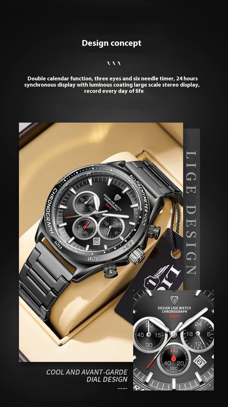 Business Machinery Men's High-end Multifunctional Large Dial Three Eye Six Pin Steel Strip Quartz Watch_voghion.com