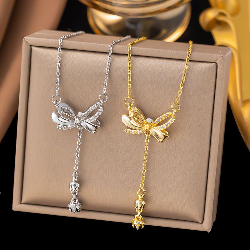 Titanium Steel Tassel Bow Necklace Women's Luxury Simple Advanced Versatile Lily Of The Valley Pendant Kwai_voghion.com