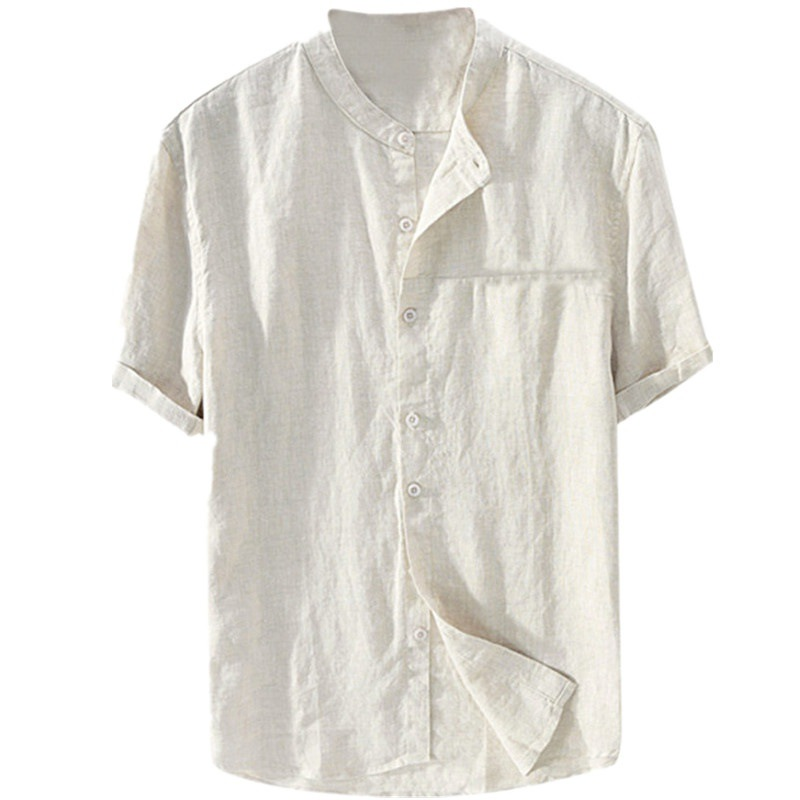Nuove camicie casual estive da uomo a maniche corte con colletto alla coreana in cotone e lino_voghion.com