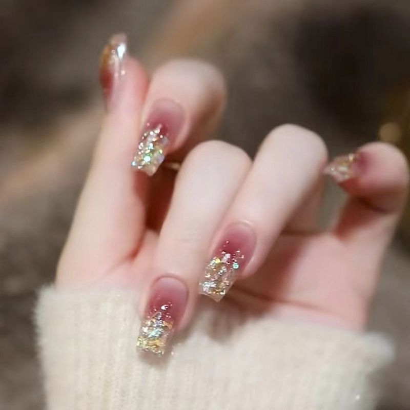 Girly Heart Aurora Glitter French Bow Sticker Handmade Nails Wearable Nail Tips Finished Product Brightening_voghion.com