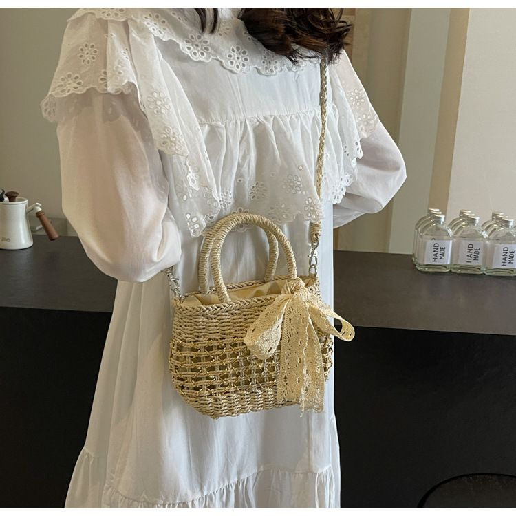Straw Bag Woven Bag Mori Straw Bag Female Crossbody Beach Holiday Beach Bag Portable Bucket Bag_voghion.com