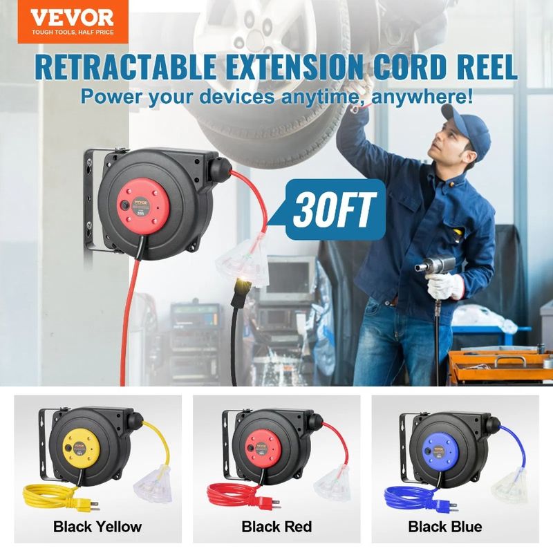 Power Extension 16AWG Retractable 3C Reel 30FT Cord SJTOW Cord Reel_voghion.com