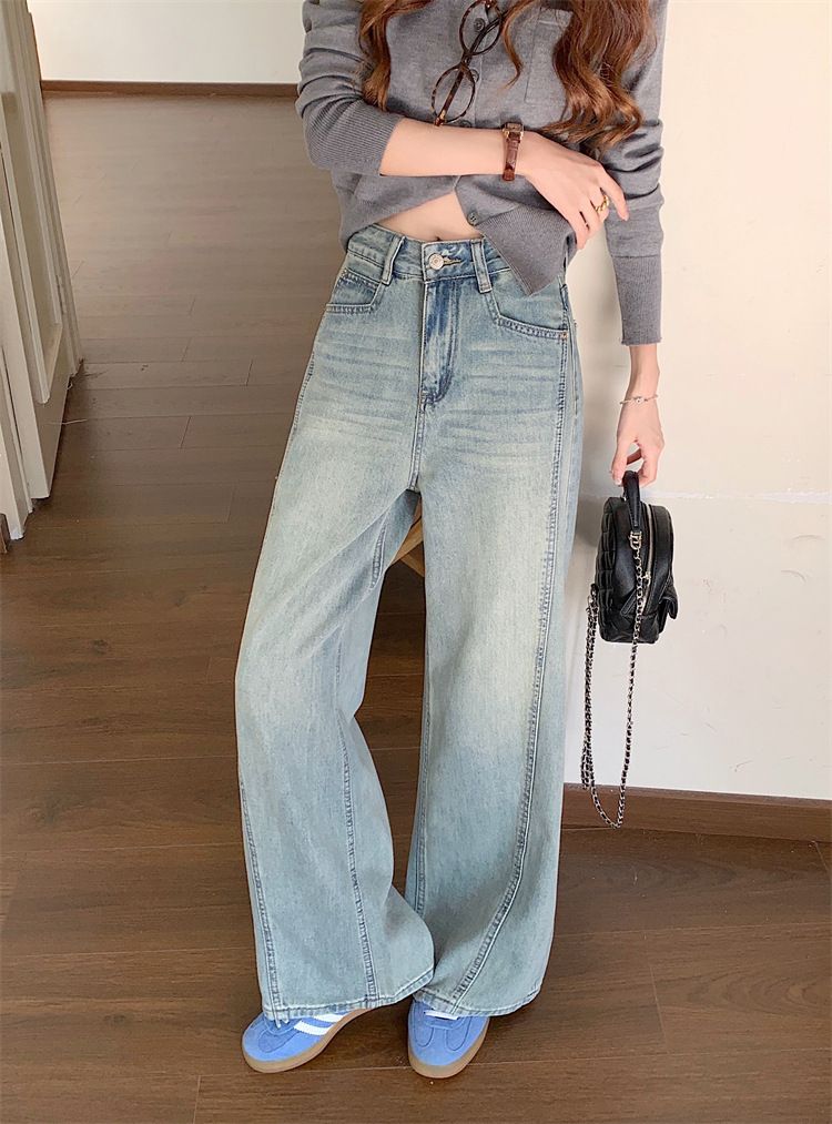 Weite Jeans im Frühlingsstil für Damen, neue hoch taillierte, gerade Beine mit hängendem Griff, bodenlange Hose_voghion.com