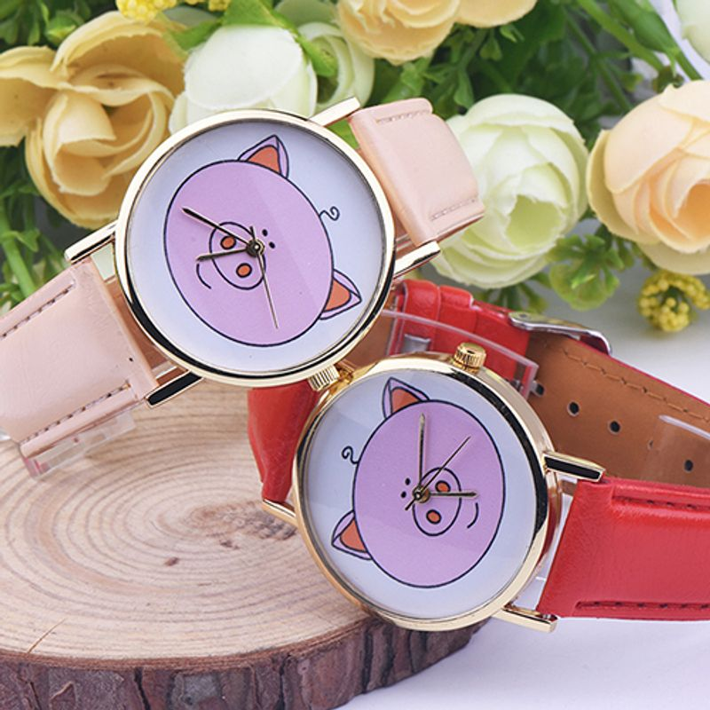 Yamaler Women Cute Pig Pattern Faux Leather Band Analog Quartz Fashion Wrist Watches_voghion.com