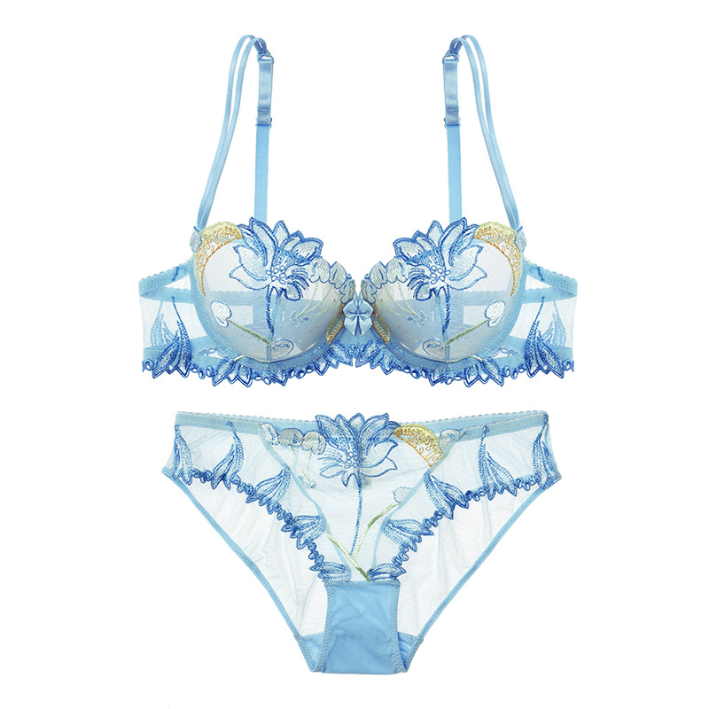 Sexy Ultra-thin Lingerie For Women Gathering Lace Bra Transparent Mesh Embroidery Bra Set_voghion.com