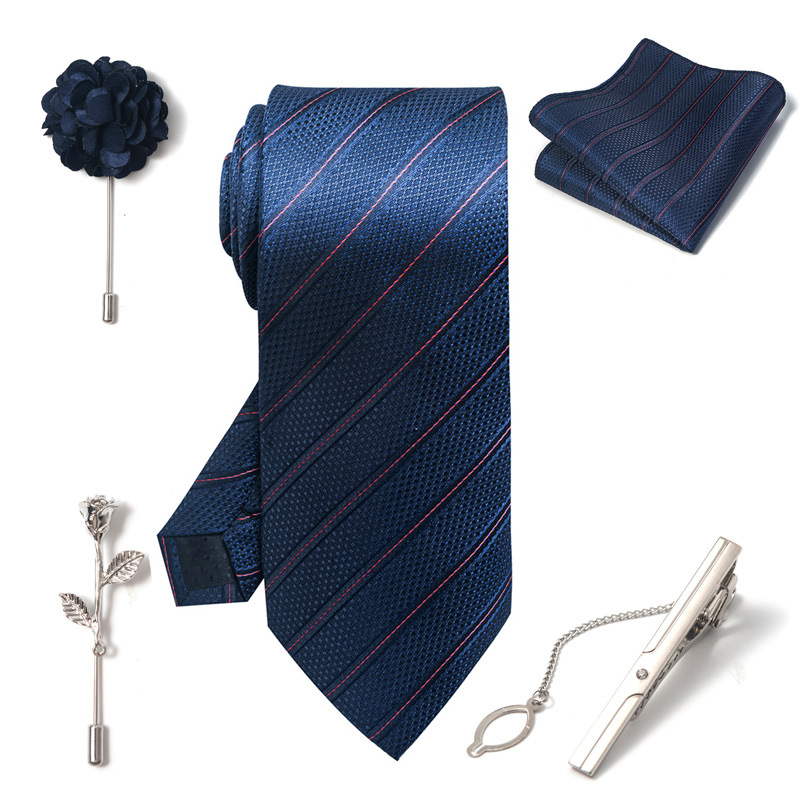 Set da uomo alla moda in tinta unita a righe con anacardi, confezione regalo da 6 pezzi, set con corsetto con fermacravatta e sciarpa quadrata_voghion.com