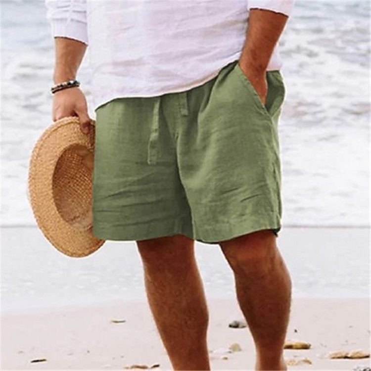 Pantalones cortos de algodón y lino para hombre, de verano, lisos, con cordón ajustable, cintura elástica y bolsillos, informales, para playa_voghion.com
