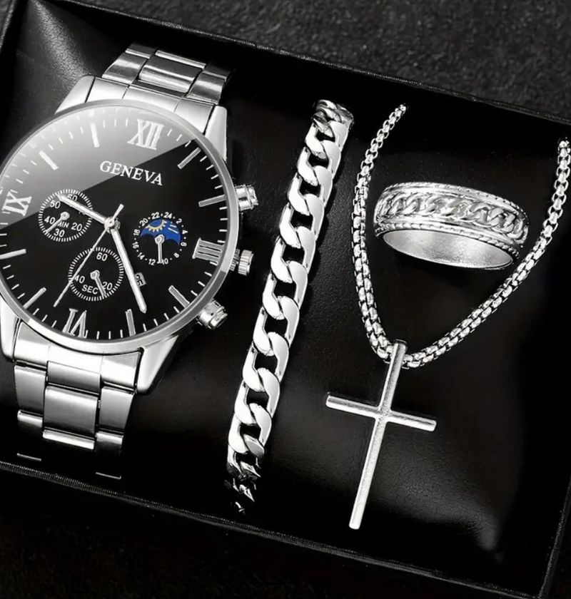 4-Stéck Sëlwer Bijouset fir Männer: Auer aus Edelstol, Kräizanhänger, Kette, Bracelet & Rank - Alloy Modern Accessoiren_voghion.com