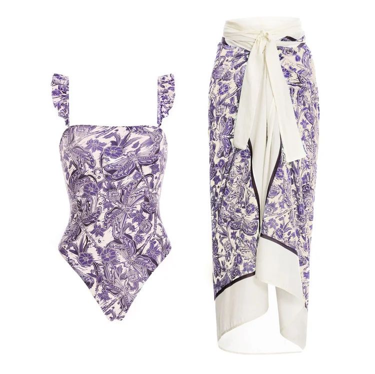 Traje de baño de una pieza con estampado de libélula púrpura hueco con cordón en la cintura de nuevo estilo para mujer y traje de falda cruzada estilo popular_voghion.com