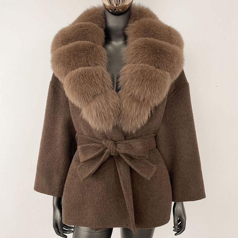 Kurzer Wollmantel für Damen mit Fuchspelzkragen – doppelseitige, übergroße Trenchcoatjacke, lässige, elegante Oberbekleidung, Winterblazer mit Gürtel (S/M)_voghion.com