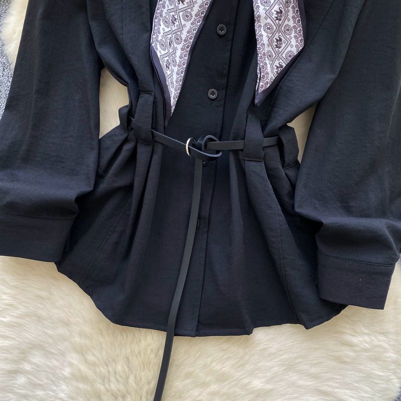 Damenbluse mit Bindegürtel – Elegantes Langarmshirt mit Gürteldetail (Weiß/Blau/Braun/Schwarz, Einheitsgröße)_voghion.com