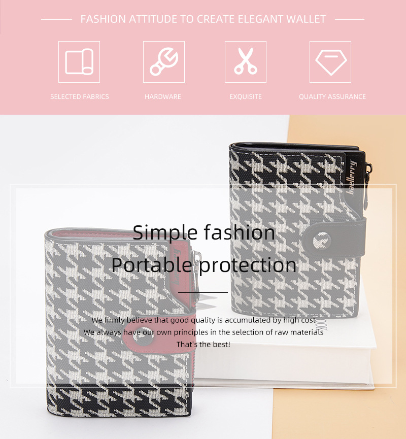 Baellerry Ny Pung Dame Kort Koreansk Stil Houndstooth Kontrast Multi-kort Lynlås Møntpung Korttaske_voghion.com
