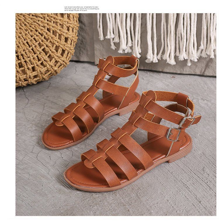 neue einfache, lässige, einfarbige Römersandalen mit offenem Zehenbereich und flachen Sandalen für Damen_voghion.com