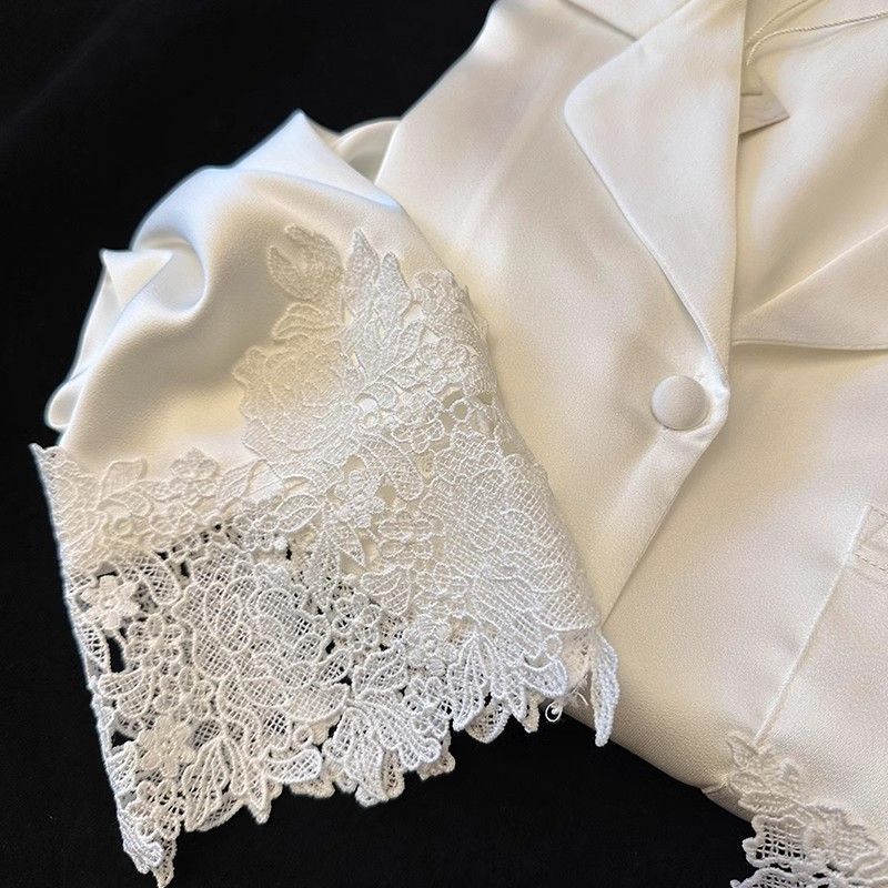 Unterwäsche & Nachtwäsche Weiches Pyjama-Set aus Eisseide für Damen, Langarm und Hose mit Spitzenbesatz, süße Homewear, Nachtwäsche, Lounge-Outfit_voghion.com