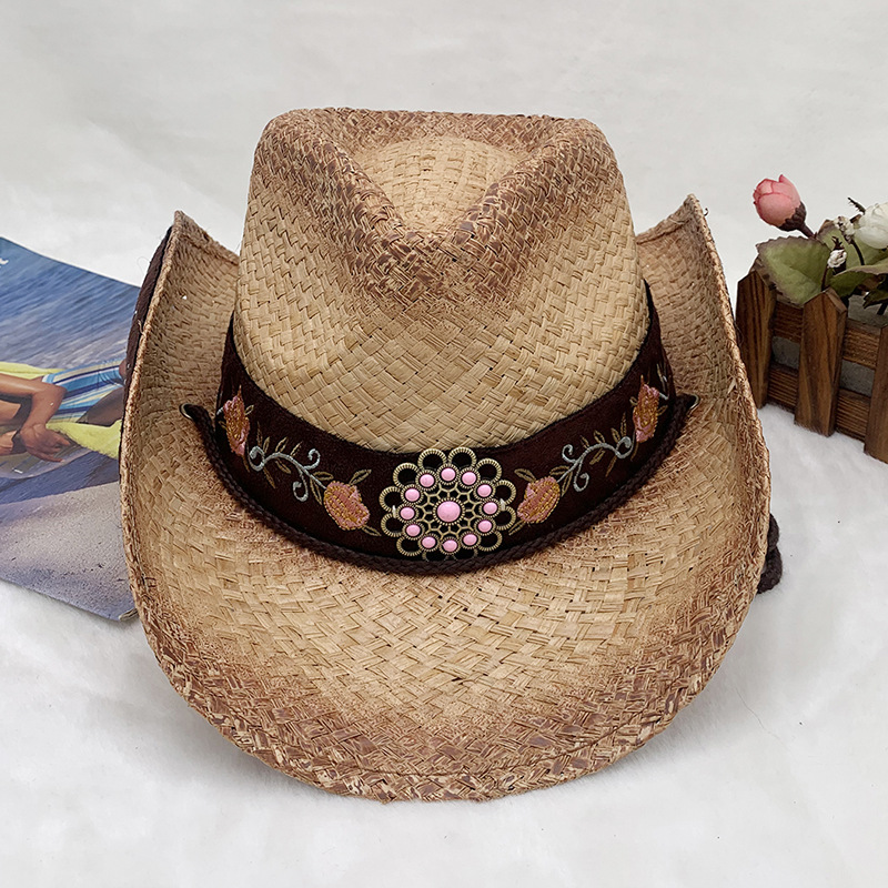 Handgewebter Cowboyhut aus Raffiagras mit Sonnenschutz und gerolltem Rand, bestickter Strohhut_voghion.com