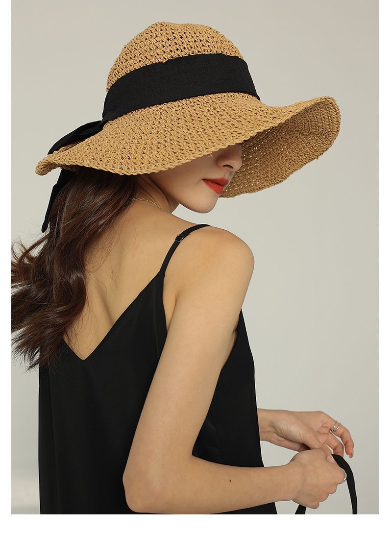 Instagram-Strohhut für Damen, Sommer, faltbarer Strandhut für Damen im Urlaub, Sonnenschutzhut mit Schleife, große Krempe, dünner, atmungsaktiver Strohhut_voghion.com