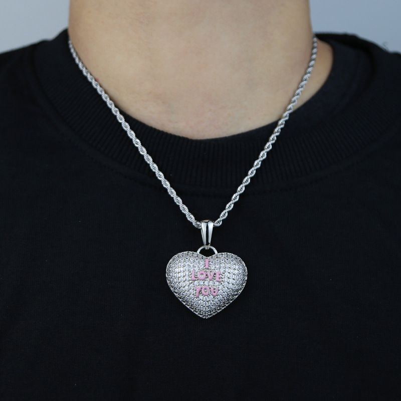 Collana con ciondolo a forma di cuore in zirconia cubica per coppie, stile hip-hop alla moda con design "TI AMO" in smalto rosa, catena regolabile da 51 a 80 cm_voghion.com