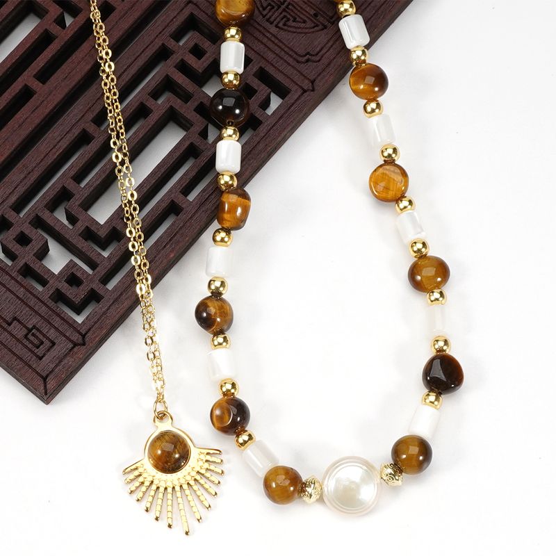 Corrente de ouro 14K Pérola de água doce Concha Olho de tigre Pedra natural Colar de pedra Corrente de clavícula_voghion.com