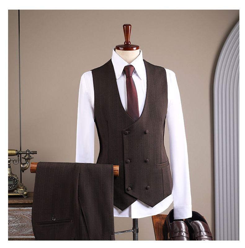Herenkleding Premium Double-Breasted gestreepte pakset - Formeel en casual bruiloft smoking, zakelijke blazer met vest opties (bruin, marineblauw, zwart)_voghion.com
