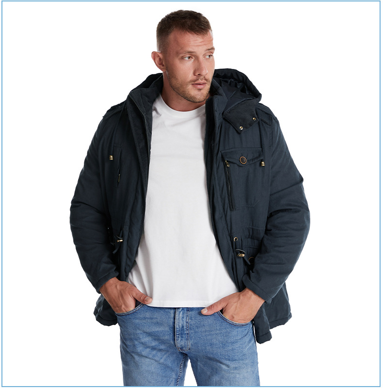 Men's Plus Size Shearling Hooded Cotton Jacket Thickened Multi-Pocket Cotton Top Casual Mid-Length Coat_voghion.com