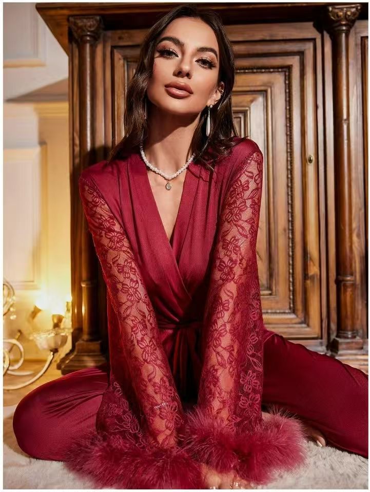 2025 New Style Patchwork V-Neck Pajama Robe Set For Home Wear, Can Be Worn Outside_voghion.com