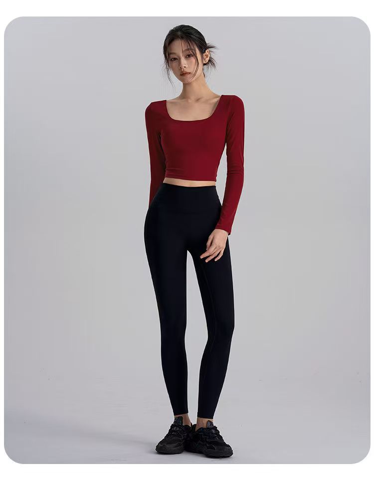 2025 Style Yoga Shirt With Chest Pads, Beautiful Back Design, New Year Red Square Neck Slimming Top, Pilates Running_voghion.com